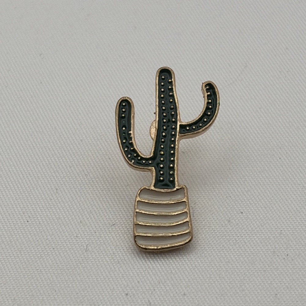 Cactus Succulent Plant Cartoon Lapel Hat Pin Enamel Gold Tone Green White